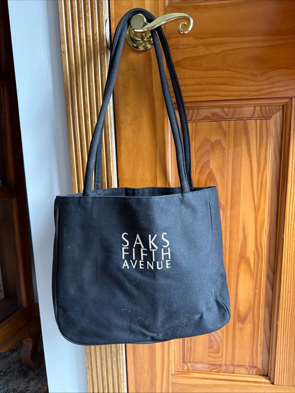 Saks Fifth Avenue Black Canvas Logo Tote